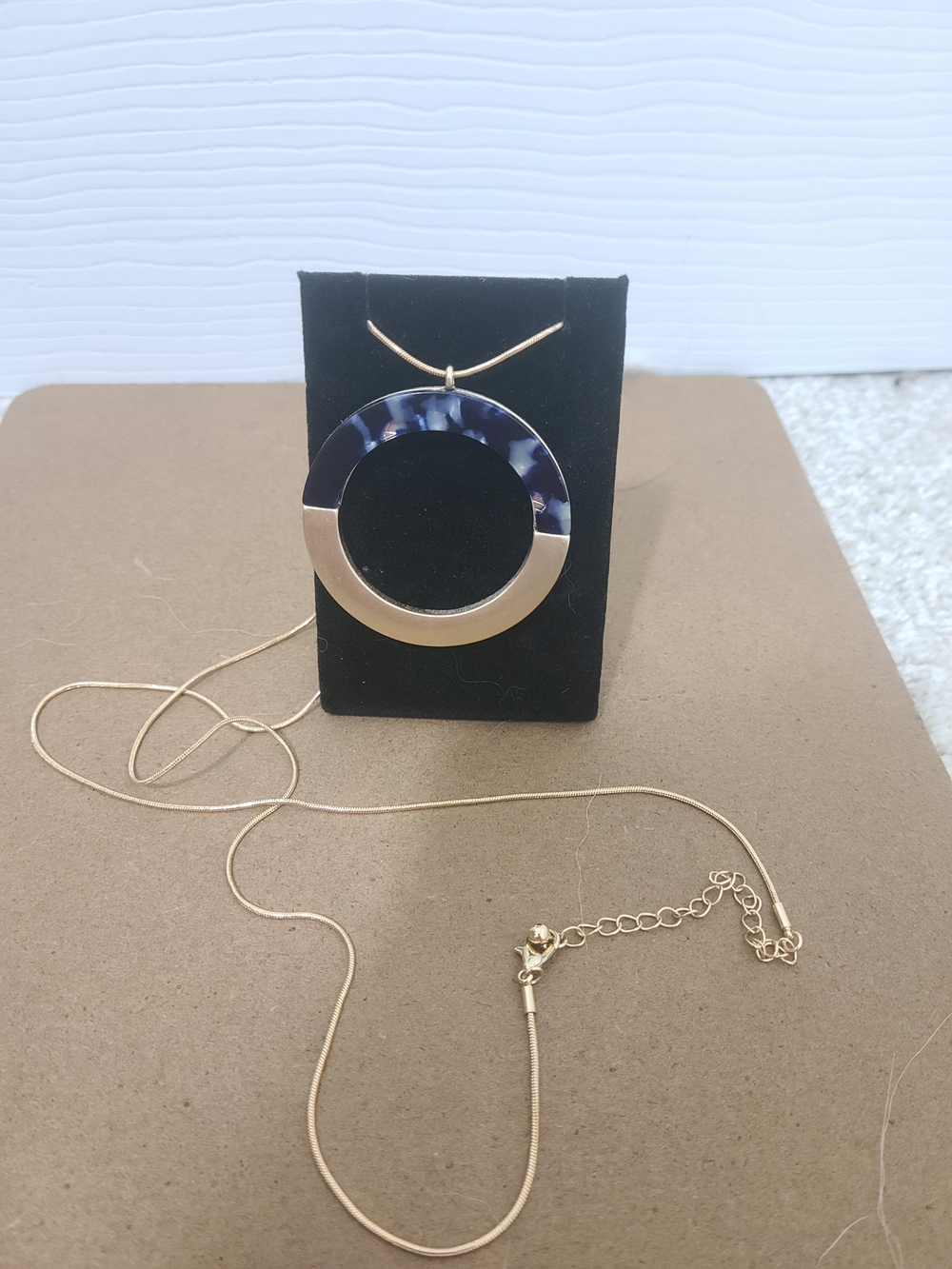 Gold Tone Necklace with Navy Tortoiseshell Round Pendant - Women Jewelry